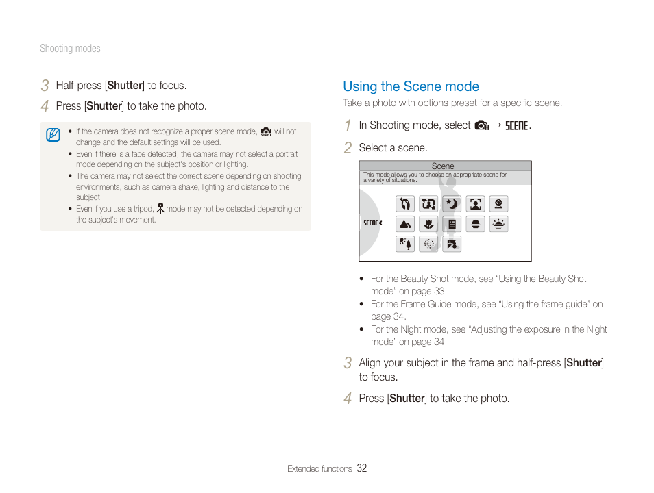 Using the scene mode, Mode. (p. 32) | Samsung EC-ST80ZZBPBUS User Manual | Page 33 / 134
