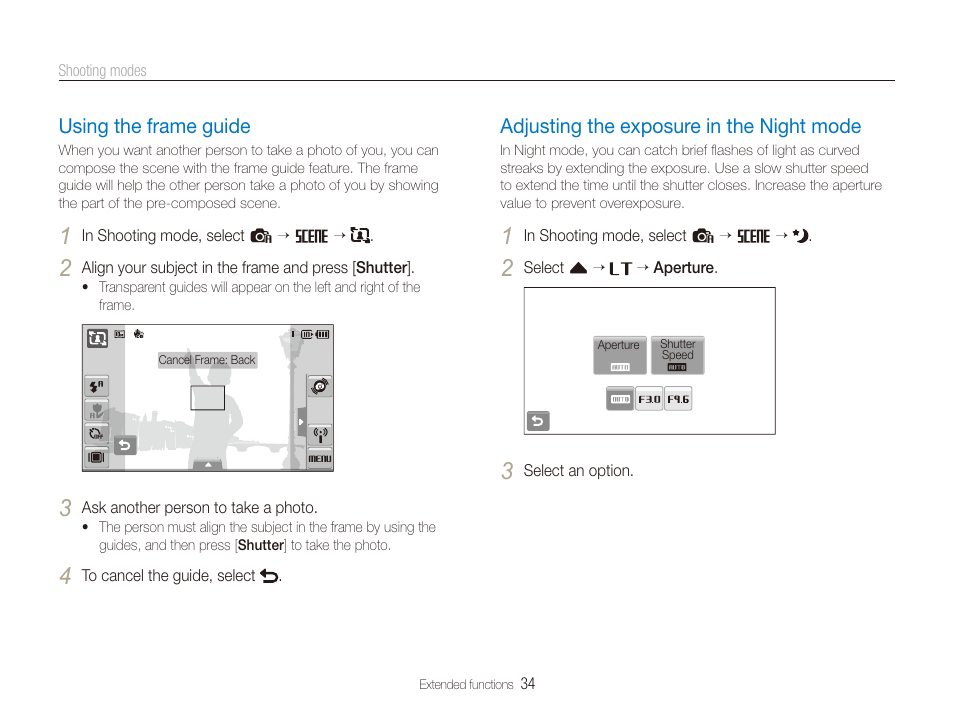 Using the frame guide, Adjusting the exposure in the night mode, Mode. (p. 34) | Samsung EC-ST80ZZBPBUS User Manual | Page 35 / 134