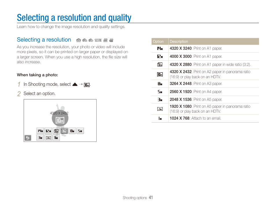 Selecting a resolution and quality, Selecting a resolution, Selecting a resolution ………………………… 41 | Samsung EC-ST80ZZBPBUS User Manual | Page 42 / 134