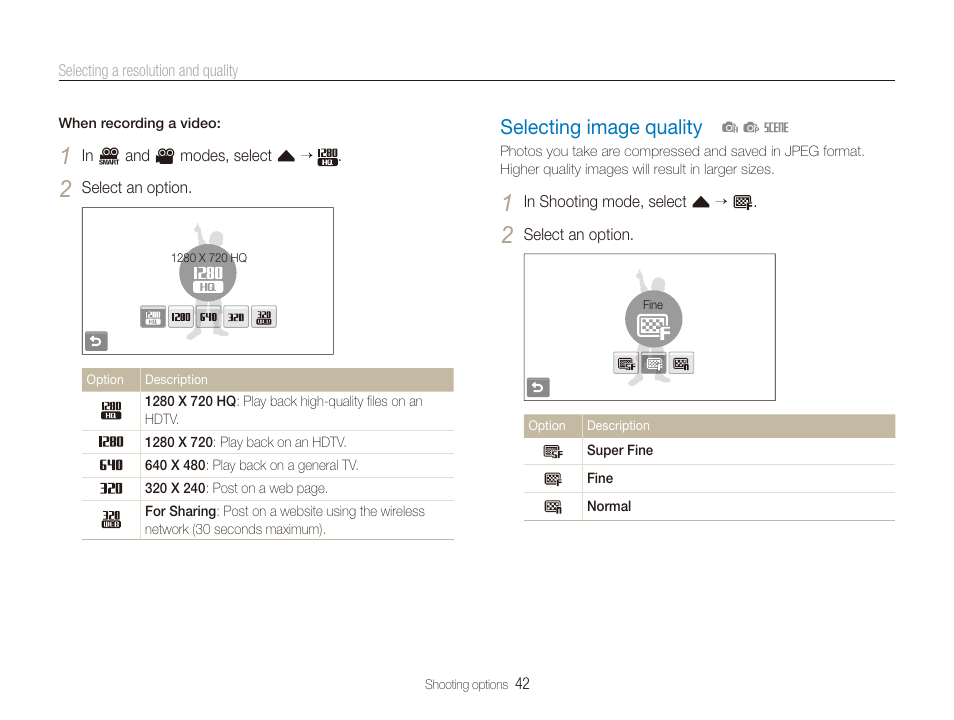 Selecting image quality, Selecting image quality ……………………… 42 | Samsung EC-ST80ZZBPBUS User Manual | Page 43 / 134