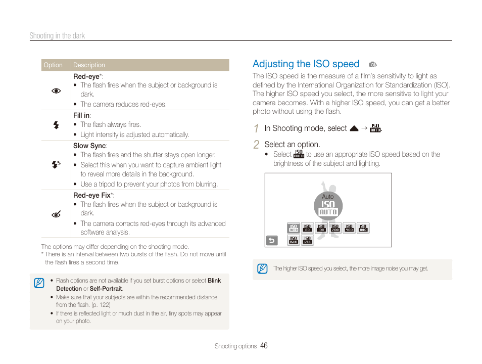 Adjusting the iso speed, Speed options. (p. 46), Adjusting the iso speed …………………… 46 | Samsung EC-ST80ZZBPBUS User Manual | Page 47 / 134