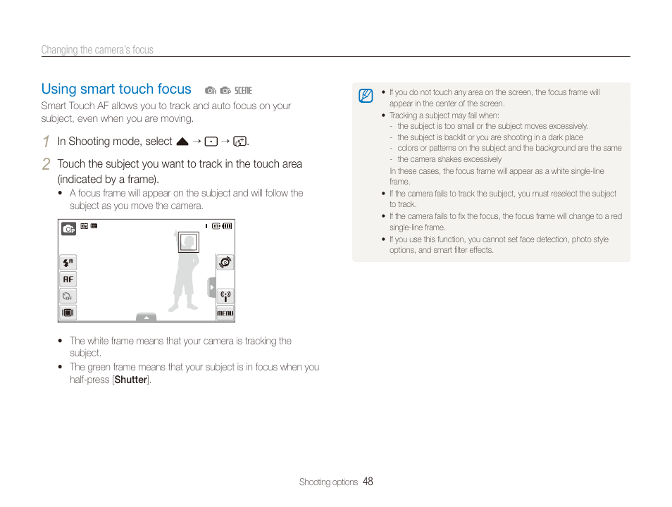 Using smart touch focus, Using smart touch focus …………………… 48 | Samsung EC-ST80ZZBPBUS User Manual | Page 49 / 134