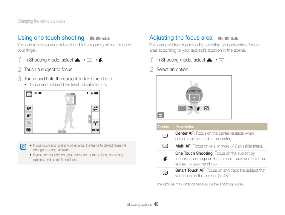 Using one touch shooting, Adjusting the focus area, Using one touch shooting …………………… 49 | Adjusting the focus area ……………………… 49 | Samsung EC-ST80ZZBPBUS User Manual | Page 50 / 134