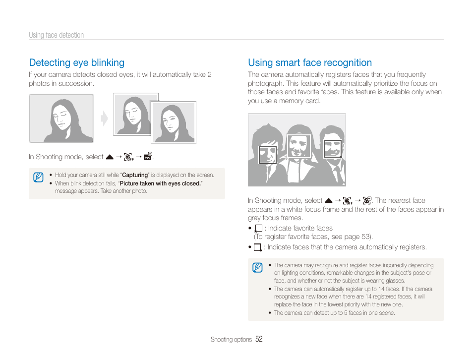 Detecting eye blinking, Using smart face recognition, Detecting eye blinking ……………………… 52 | Using smart face recognition ………………… 52 | Samsung EC-ST80ZZBPBUS User Manual | Page 53 / 134
