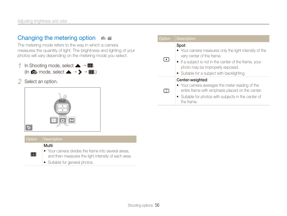 Changing the metering option, Changing the metering option ……………… 56 | Samsung EC-ST80ZZBPBUS User Manual | Page 57 / 134