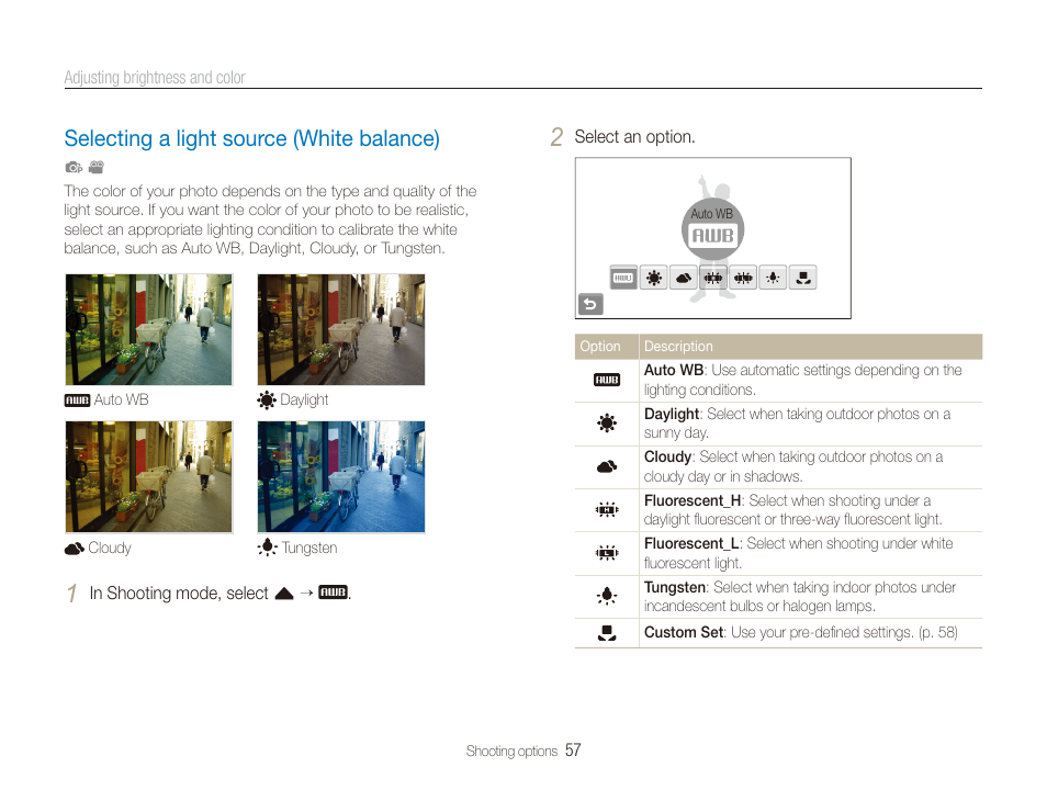 Selecting a light source (white balance), Selecting a light source (white balance) …… 57 | Samsung EC-ST80ZZBPBUS User Manual | Page 58 / 134