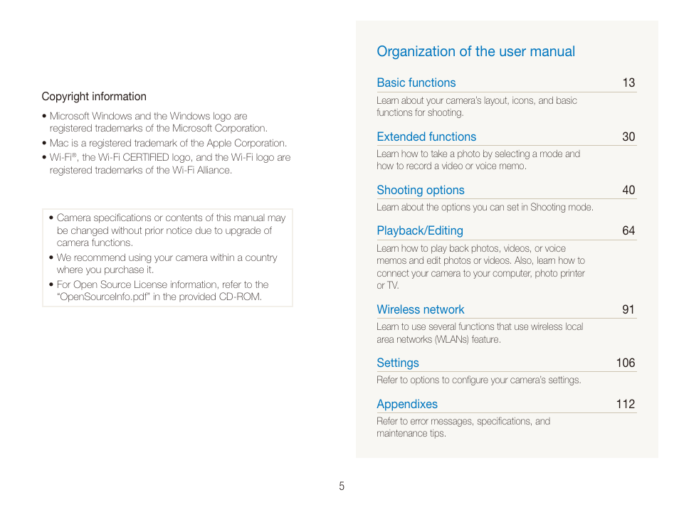 Organization of the user manual | Samsung EC-ST80ZZBPBUS User Manual | Page 6 / 134