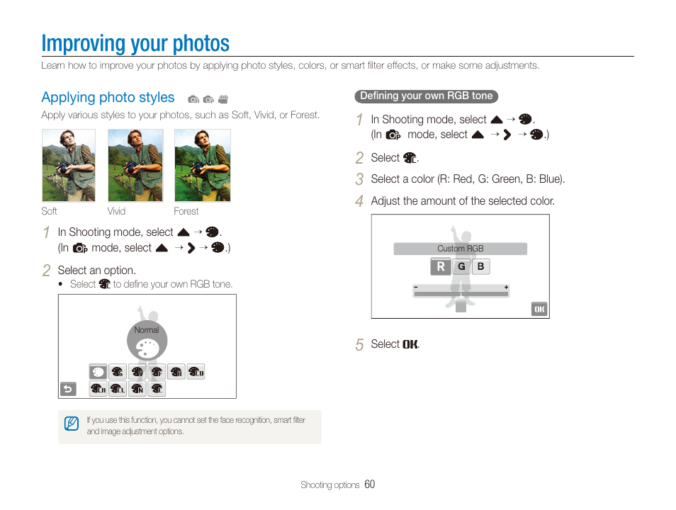 Improving your photos, Applying photo styles, Applying photo styles ………………………… 60 | Samsung EC-ST80ZZBPBUS User Manual | Page 61 / 134