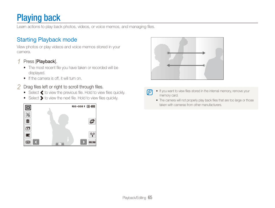 Playing back, Starting playback mode, Starting playback mode ……………………… 65 | Samsung EC-ST80ZZBPBUS User Manual | Page 66 / 134