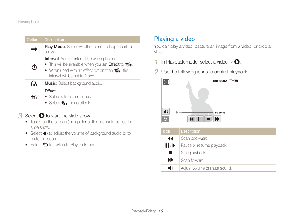 Playing a video, Playing a video ……………………………… 73 | Samsung EC-ST80ZZBPBUS User Manual | Page 74 / 134
