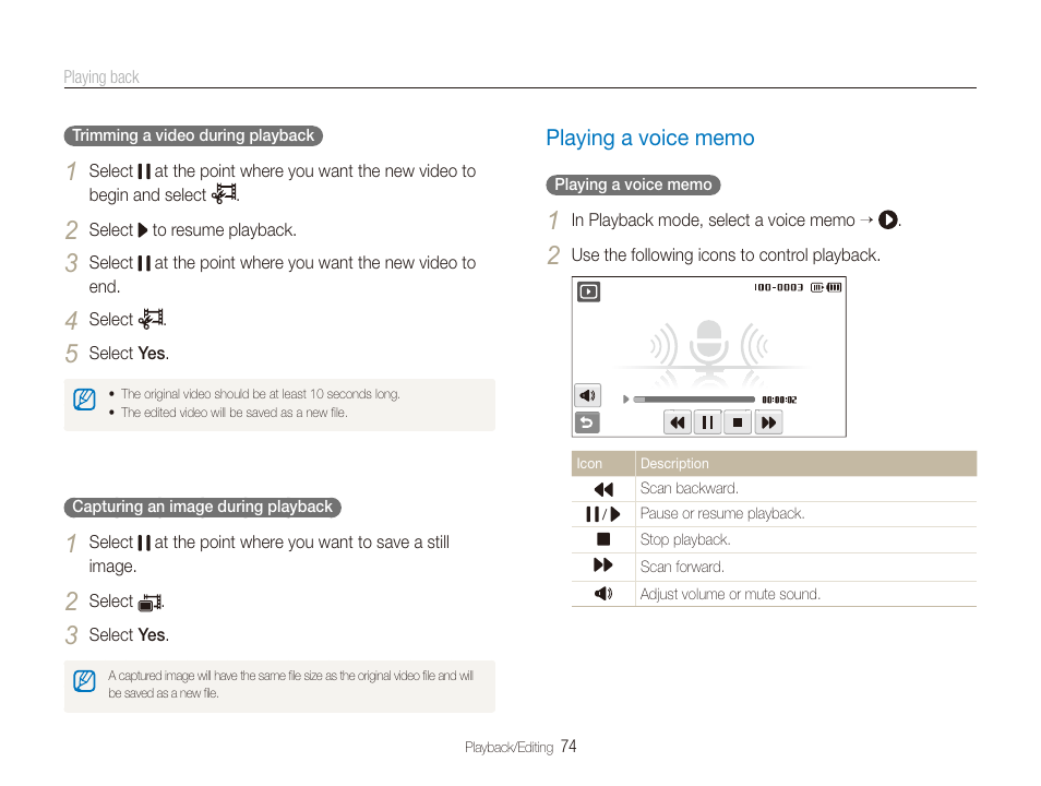 Playing a voice memo, Playing a voice memo ……………………… 74 | Samsung EC-ST80ZZBPBUS User Manual | Page 75 / 134