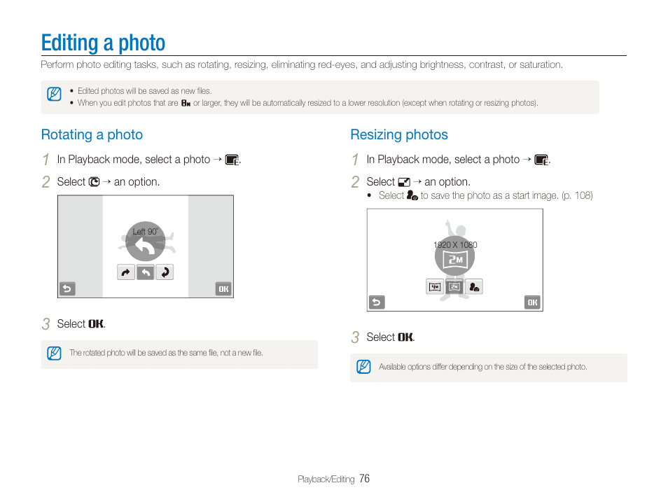 Editing a photo, Rotating a photo, Resizing photos | Rotating a photo …………………………… 76, Resizing photos ……………………………… 76 | Samsung EC-ST80ZZBPBUS User Manual | Page 77 / 134