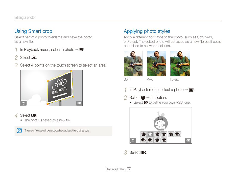 Using smart crop, Applying photo styles, Using smart crop …………………………… 77 | Applying photo styles ………………………… 77 | Samsung EC-ST80ZZBPBUS User Manual | Page 78 / 134