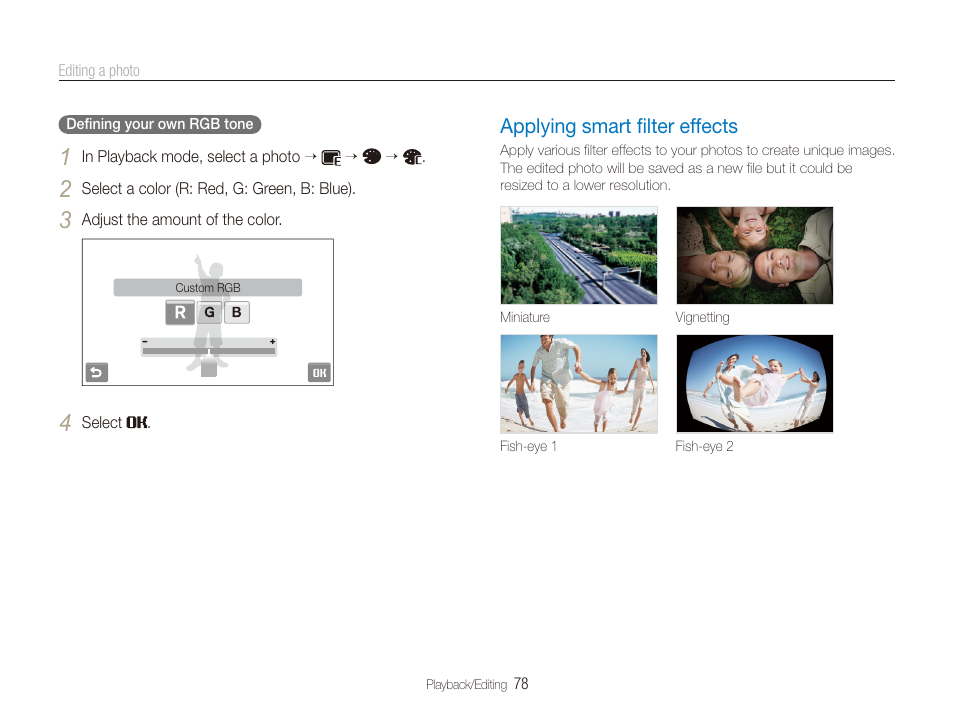 Applying smart filter effects, Applying smart ﬁlter effects, Applying smart ﬁlter effects ………………… 78 | Samsung EC-ST80ZZBPBUS User Manual | Page 79 / 134