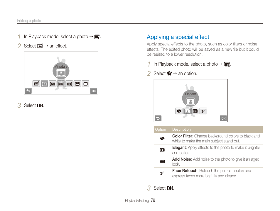 Applying a special effect, Applying a special effect ……………………… 79 | Samsung EC-ST80ZZBPBUS User Manual | Page 80 / 134