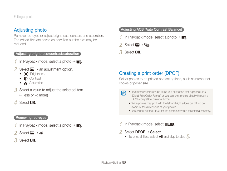Adjusting photo, Creating a print order (dpof), In the edit menu. (p. 80) | Adjusting photo ……………………………… 80, Creating a print order (dpof) ………………… 80 | Samsung EC-ST80ZZBPBUS User Manual | Page 81 / 134