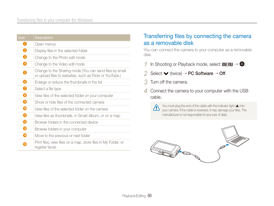 Disk, Transferring ﬁles by connecting the camera, As a removable disk ………………………… 86 | Samsung EC-ST80ZZBPBUS User Manual | Page 87 / 134