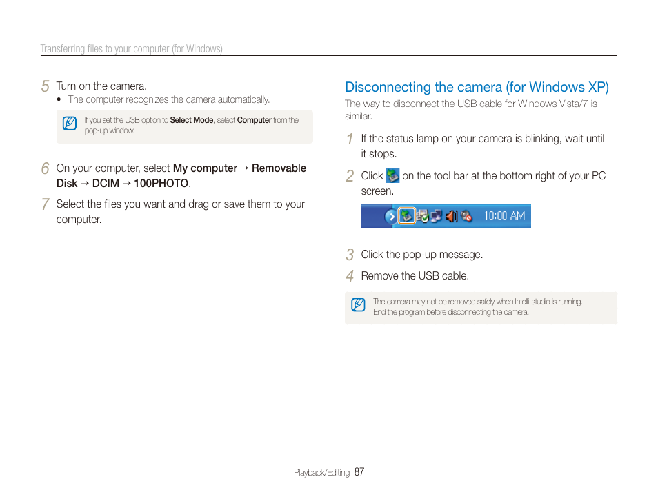 Disconnecting the camera (for windows xp), Disconnecting the camera (for windows xp) 87 | Samsung EC-ST80ZZBPBUS User Manual | Page 88 / 134