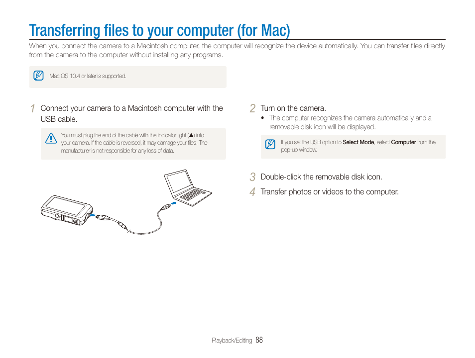Transferring files to your computer (for mac), Transferring ﬁles to your computer (for mac), Transferring ﬁles to your computer | For mac) | Samsung EC-ST80ZZBPBUS User Manual | Page 89 / 134