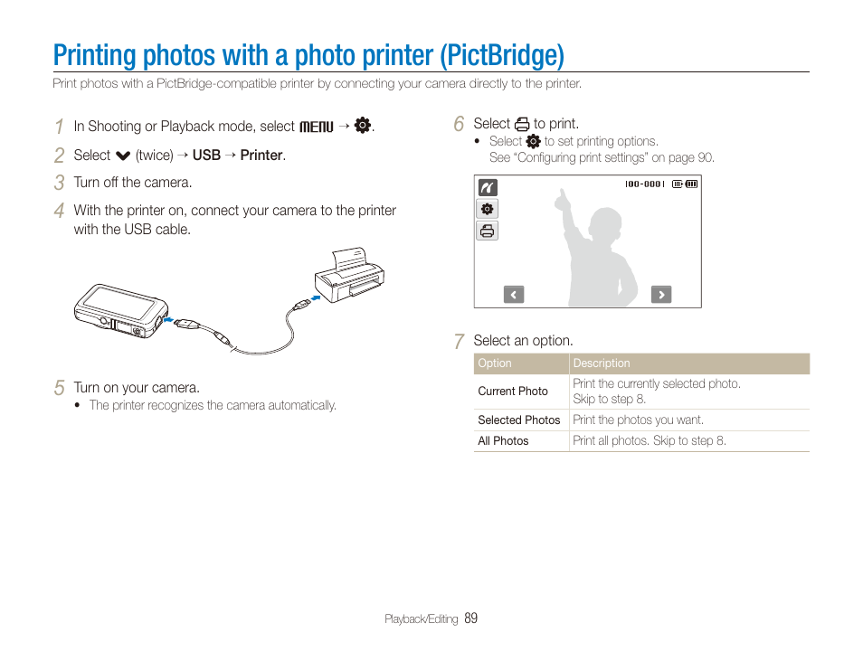 Printing photos with a photo printer (pictbridge), Printing photos with a photo printer, Pictbridge) | Samsung EC-ST80ZZBPBUS User Manual | Page 90 / 134