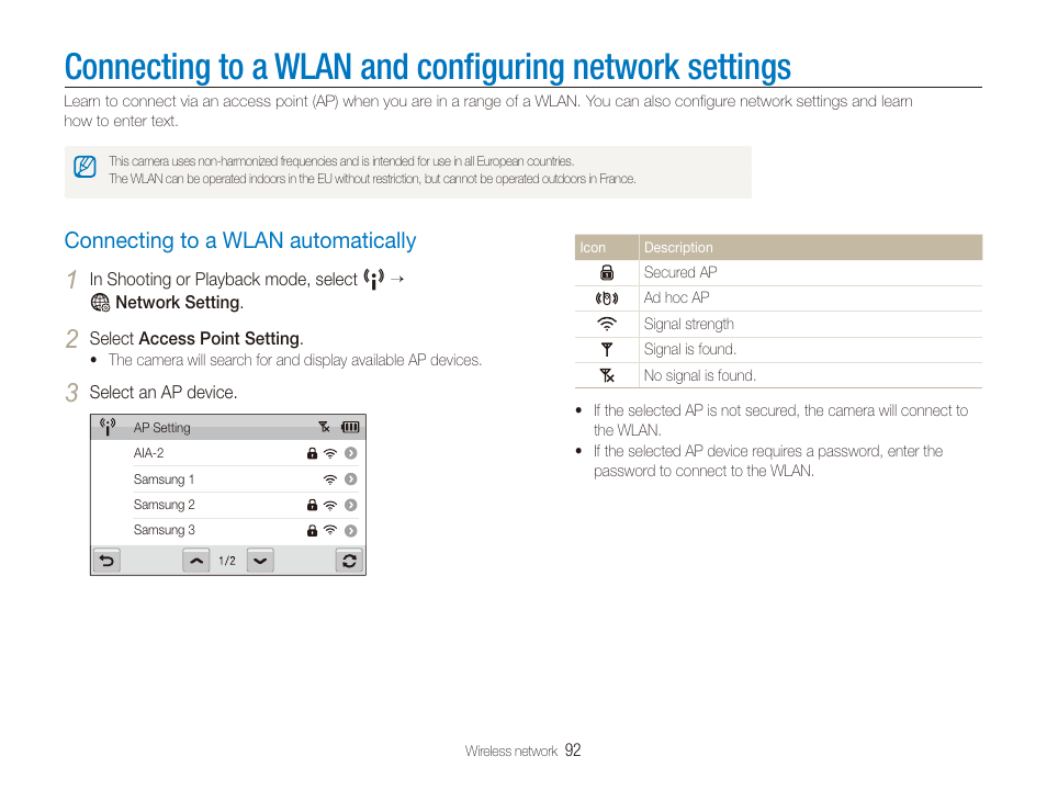 Connecting to a wlan automatically, Connecting to a wlan and conﬁguring, Network settings | Connecting to a wlan automatically ………… 92 | Samsung EC-ST80ZZBPBUS User Manual | Page 93 / 134