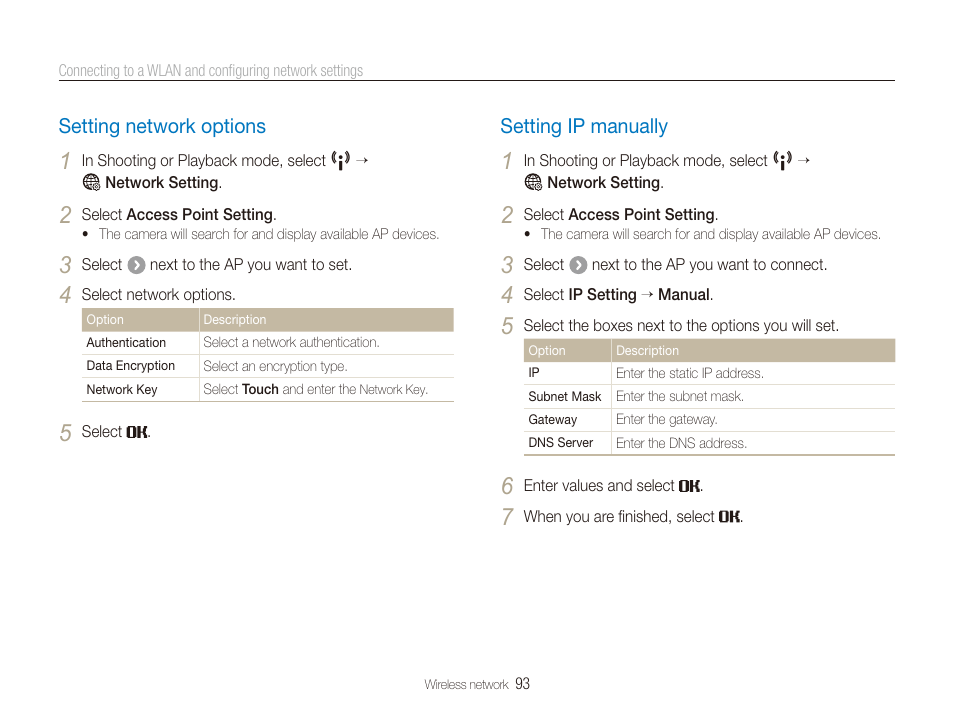 Setting network options, Setting ip manually, Setting network options ……………………… 93 | Setting ip manually …………………………… 93 | Samsung EC-ST80ZZBPBUS User Manual | Page 94 / 134