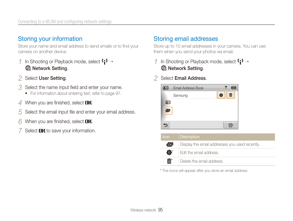Storing your information, Storing email addresses, Storing your information ……………………… 95 | Storing email addresses ……………………… 95 | Samsung EC-ST80ZZBPBUS User Manual | Page 96 / 134