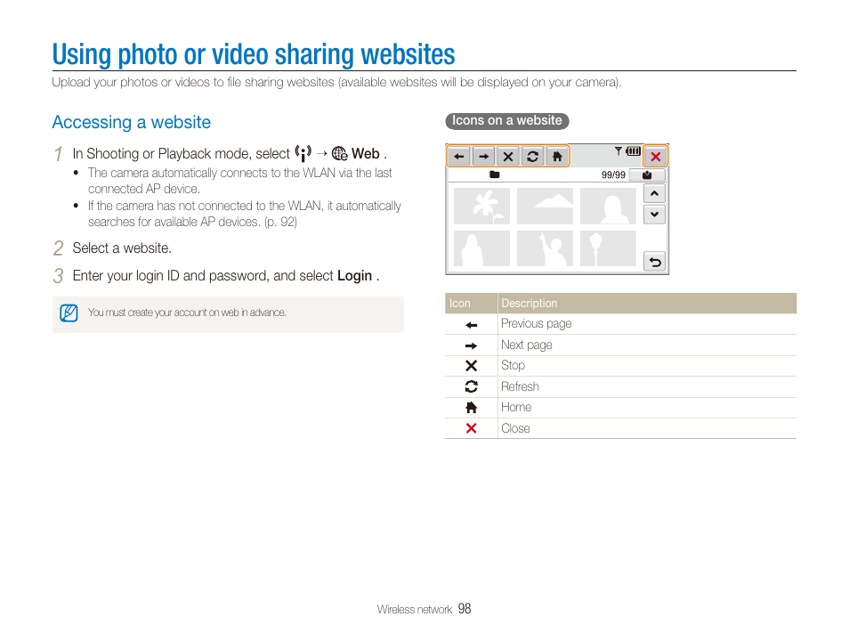 Using photo or video sharing websites, Accessing a website, Accessing a website …………………………… 98 | Samsung EC-ST80ZZBPBUS User Manual | Page 99 / 134