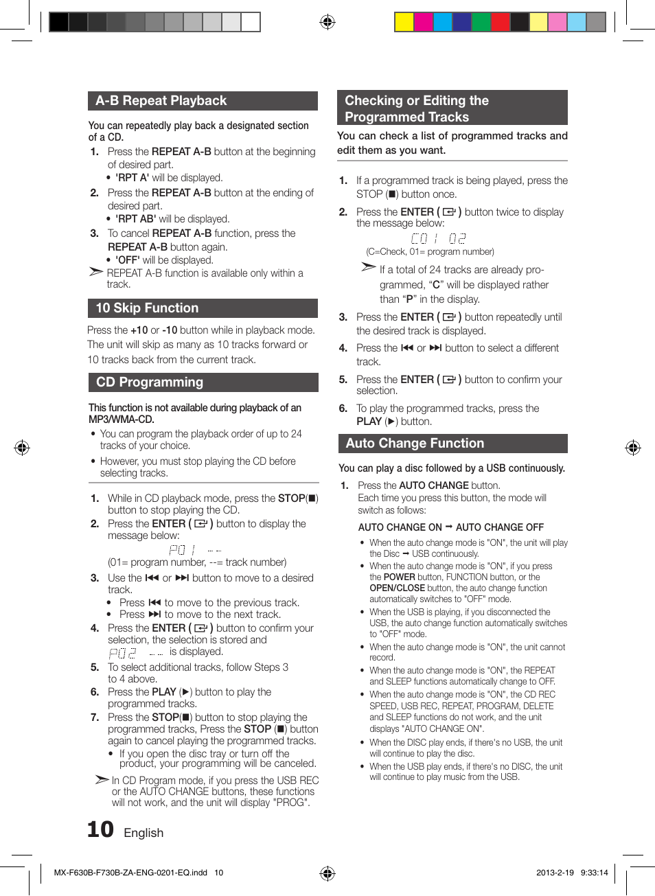 A-b repeat playback, 10 skip function, Cd programming | Checking or editing the programmed tracks, Auto change function | Samsung MX-F630B-ZA User Manual | Page 10 / 19