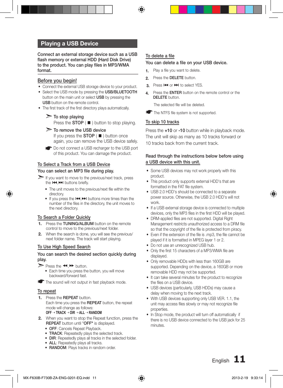 Playing a usb device | Samsung MX-F630B-ZA User Manual | Page 11 / 19