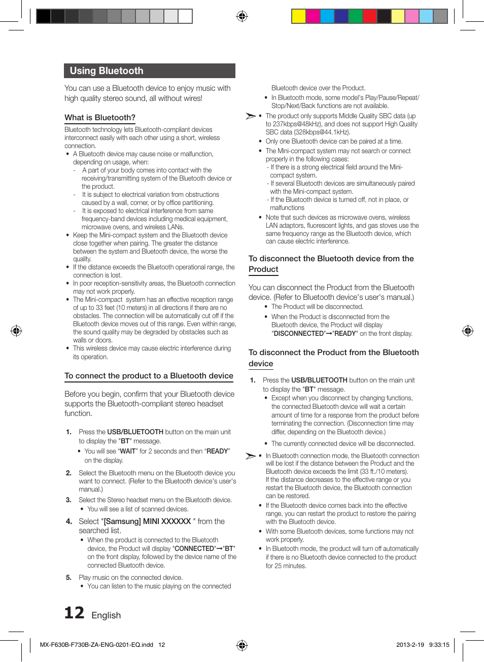 Using bluetooth | Samsung MX-F630B-ZA User Manual | Page 12 / 19