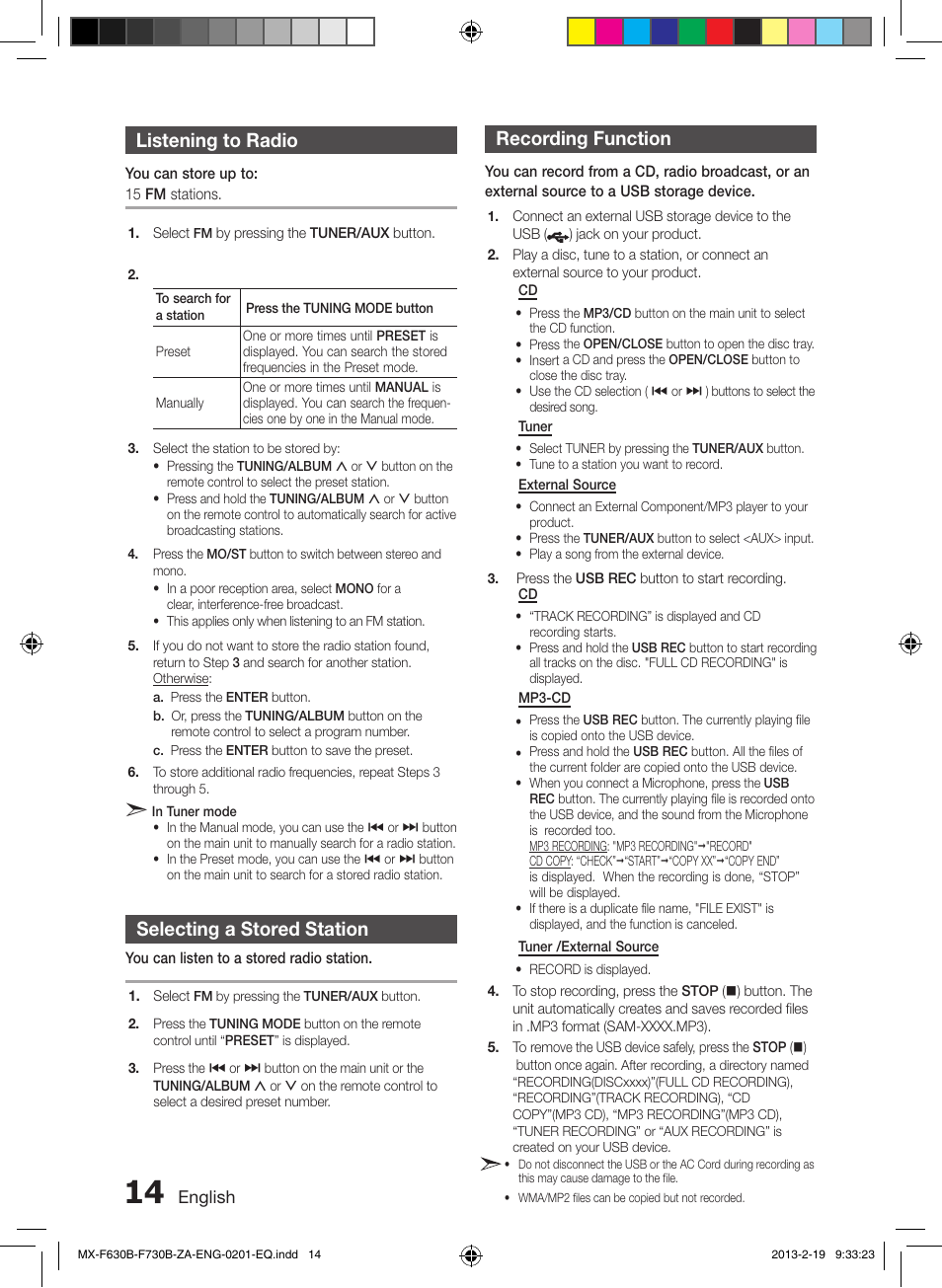 Listening to radio, Selecting a stored station, Recording function | Samsung MX-F630B-ZA User Manual | Page 14 / 19