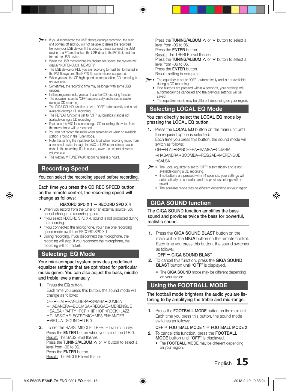 Recording speed, Selecting eq mode, Selecting local eq mode | Giga sound function, Using the football mode | Samsung MX-F630B-ZA User Manual | Page 15 / 19