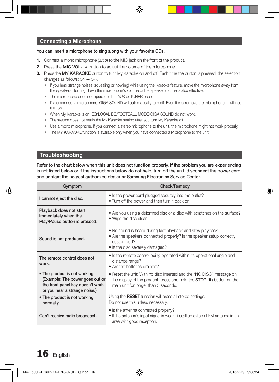 Connecting a microphone, Troubleshooting | Samsung MX-F630B-ZA User Manual | Page 16 / 19