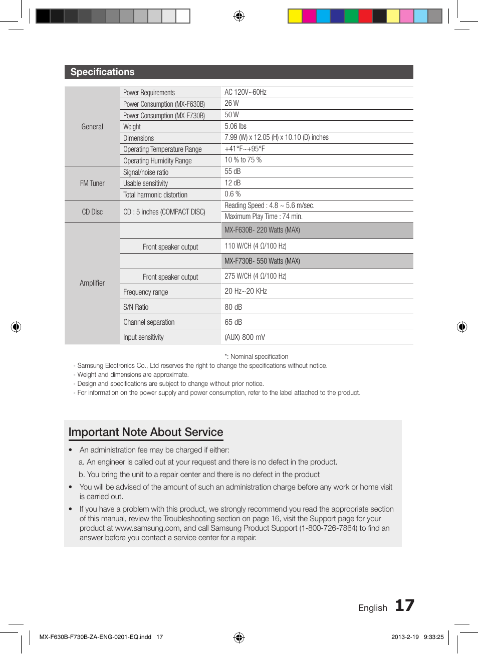 Specifications | Samsung MX-F630B-ZA User Manual | Page 17 / 19