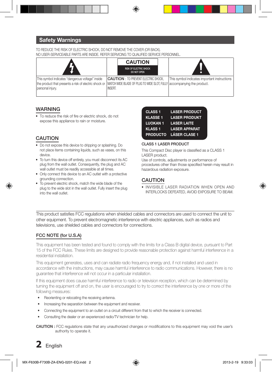 Safety warnings | Samsung MX-F630B-ZA User Manual | Page 2 / 19