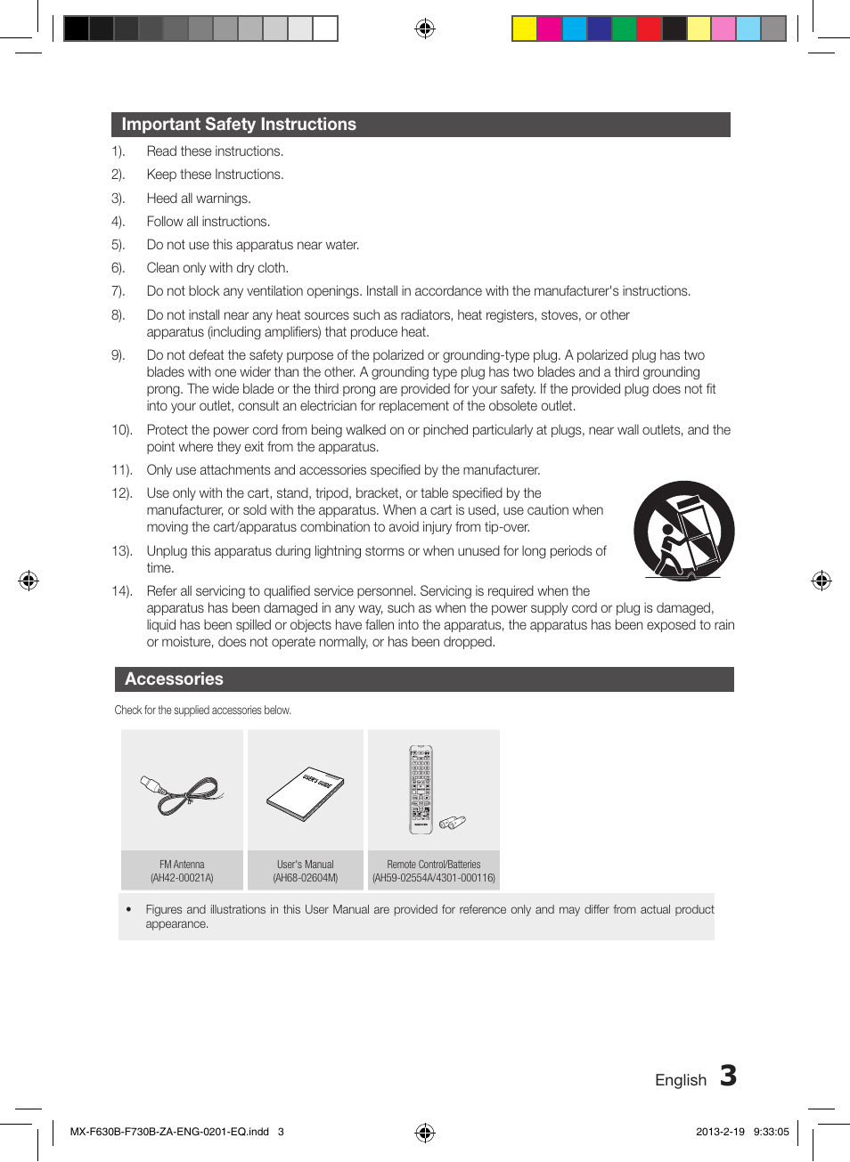 Important safety instructions, Accessories | Samsung MX-F630B-ZA User Manual | Page 3 / 19