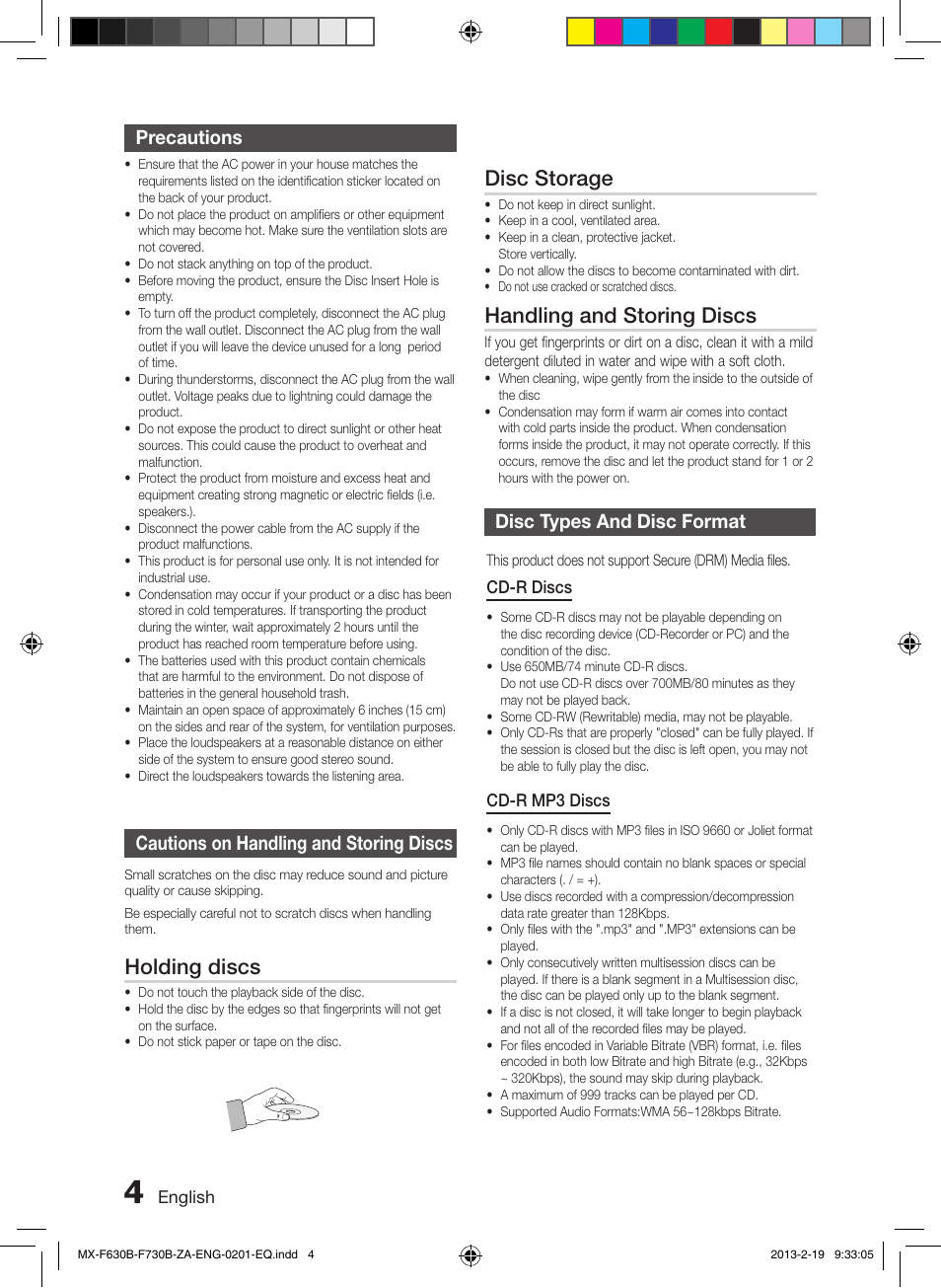 Precautions, Cautions on handling and storing discs, Disc types and disc format | Holding discs, Disc storage, Handling and storing discs | Samsung MX-F630B-ZA User Manual | Page 4 / 19