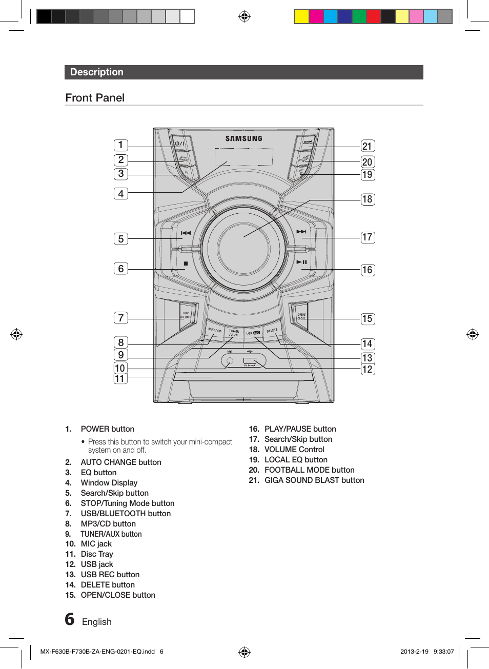 Description, Front panel | Samsung MX-F630B-ZA User Manual | Page 6 / 19