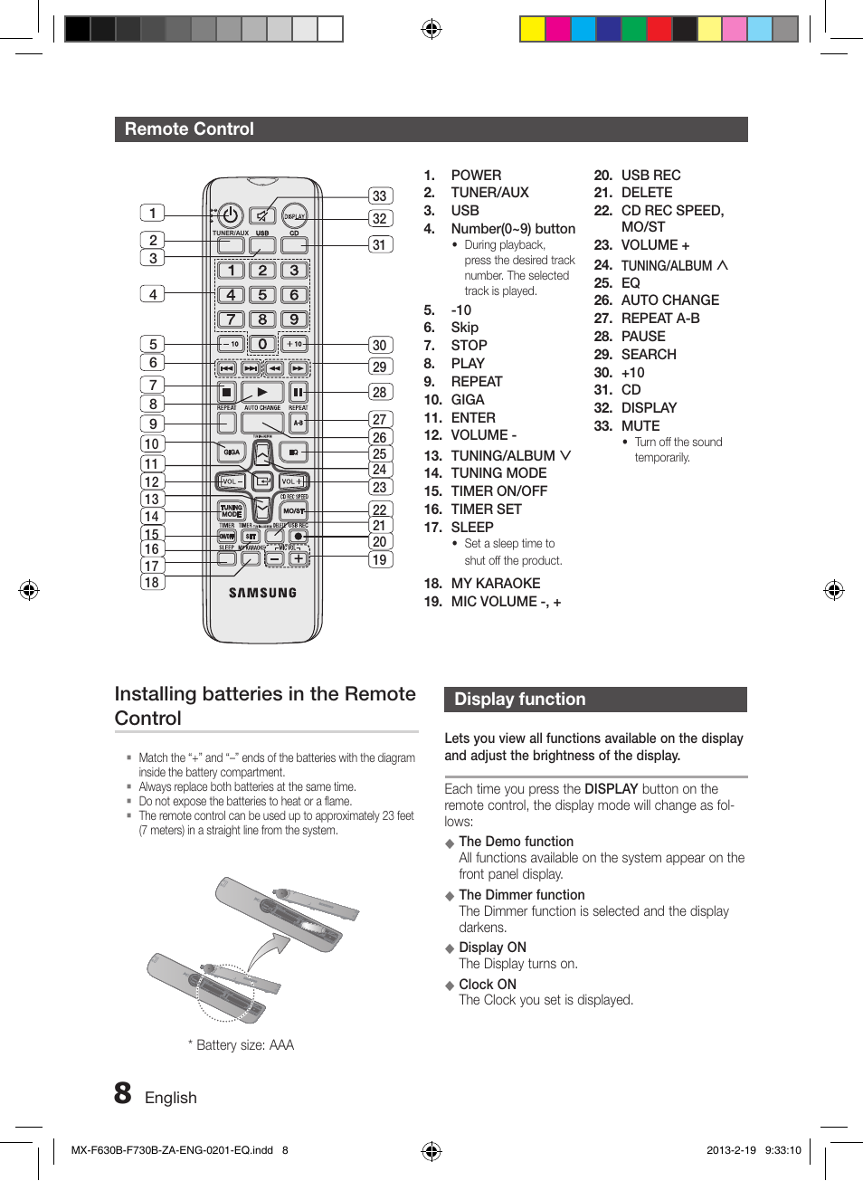 Remote control, Installing batteries in the remote control, Display function | Samsung MX-F630B-ZA User Manual | Page 8 / 19