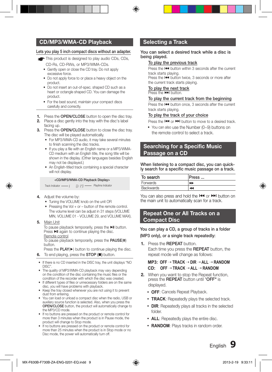 Cd/mp3/wma-cd playback, Selecting a track, Searching for a specific music passage on a cd | Repeat one or all tracks on a compact disc, Selecting a track cd/mp3/wma-cd playback | Samsung MX-F630B-ZA User Manual | Page 9 / 19