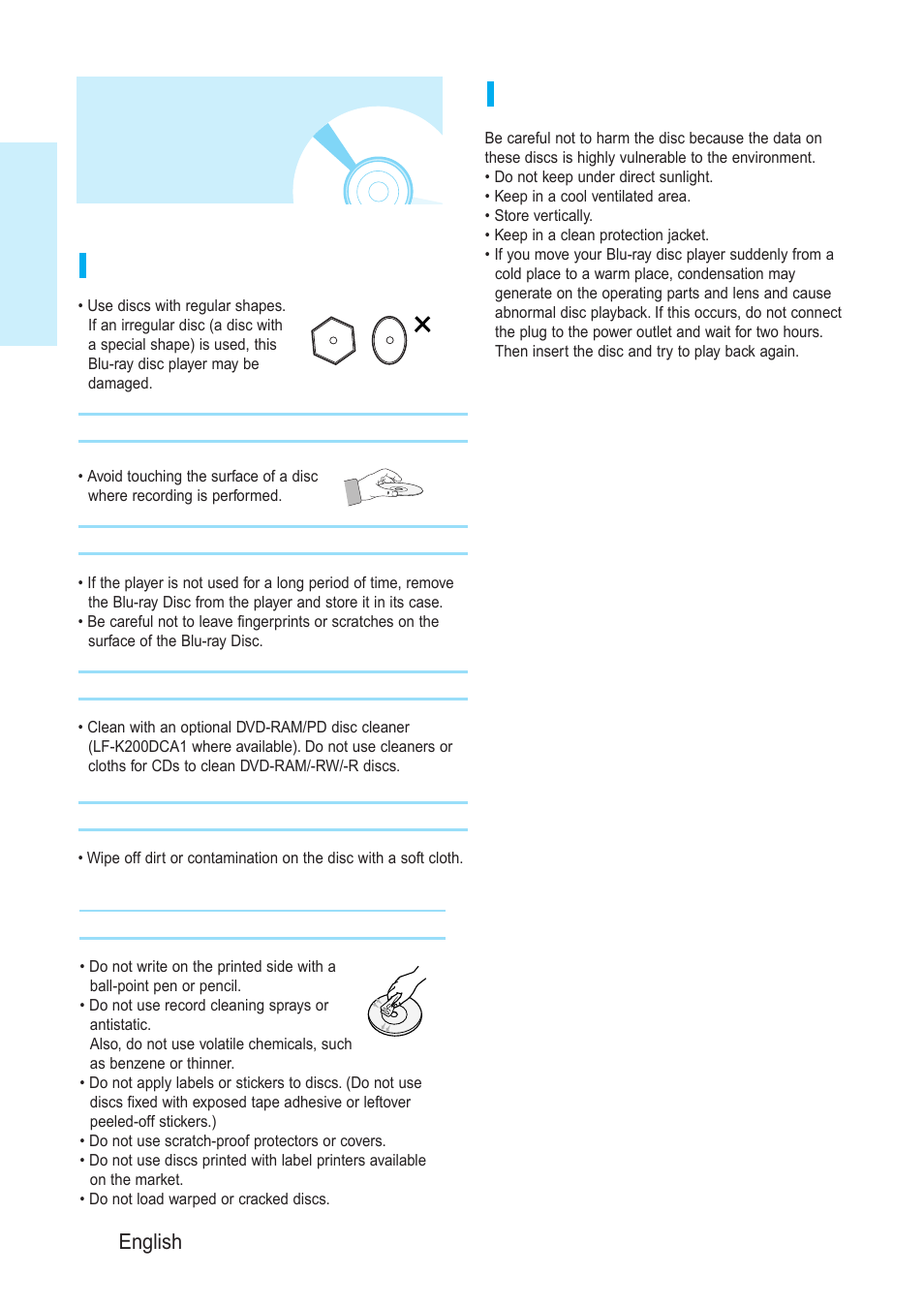Disc storage &management, Disc storage & management, Getting started | 10 - english disc storage, Disc handling | Samsung BD-P1200-XAA User Manual | Page 11 / 56