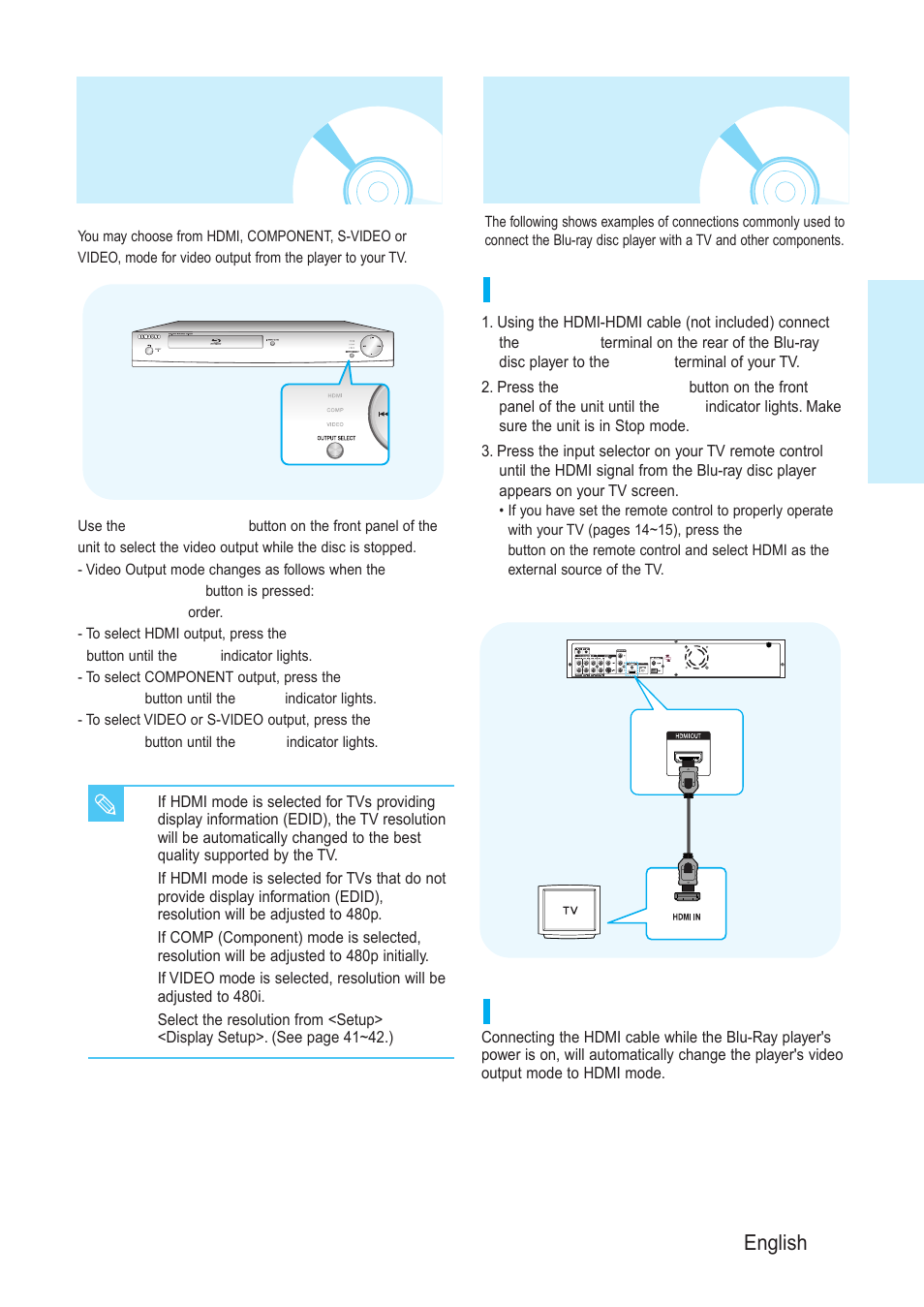 Output selectionfeature, Choosing a connection, Connecting to a tv with hdmi cable | Output selection feature, Connecting, English - 17, Hdmi auto detection function | Samsung BD-P1200-XAA User Manual | Page 18 / 56
