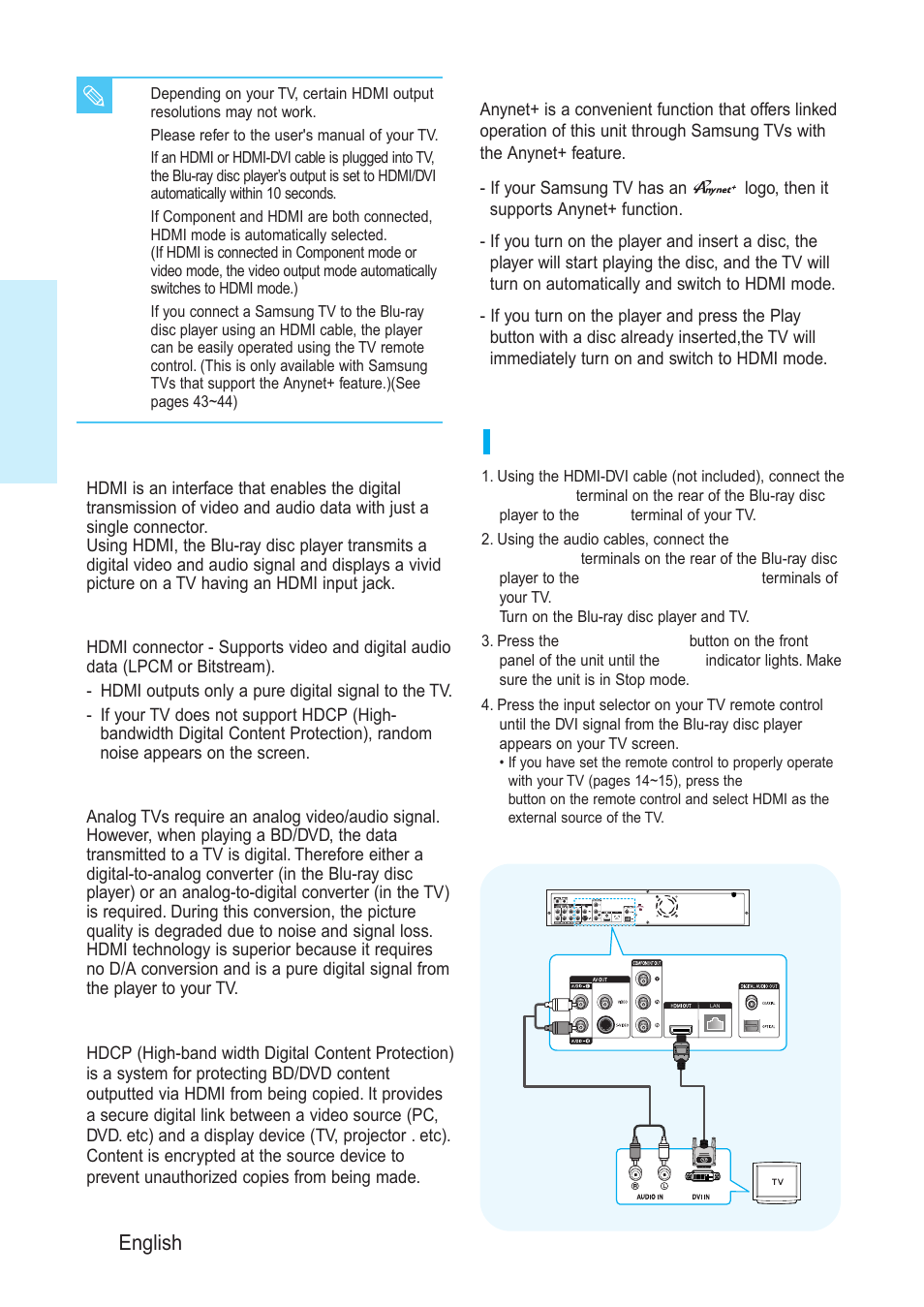 Connecting to a tv with dvi cable, Connecting, 18 - english | Samsung BD-P1200-XAA User Manual | Page 19 / 56