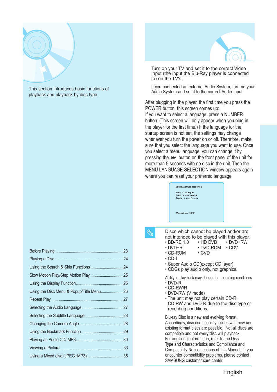 Playback, Before playing, English - 23 | Samsung BD-P1200-XAA User Manual | Page 24 / 56