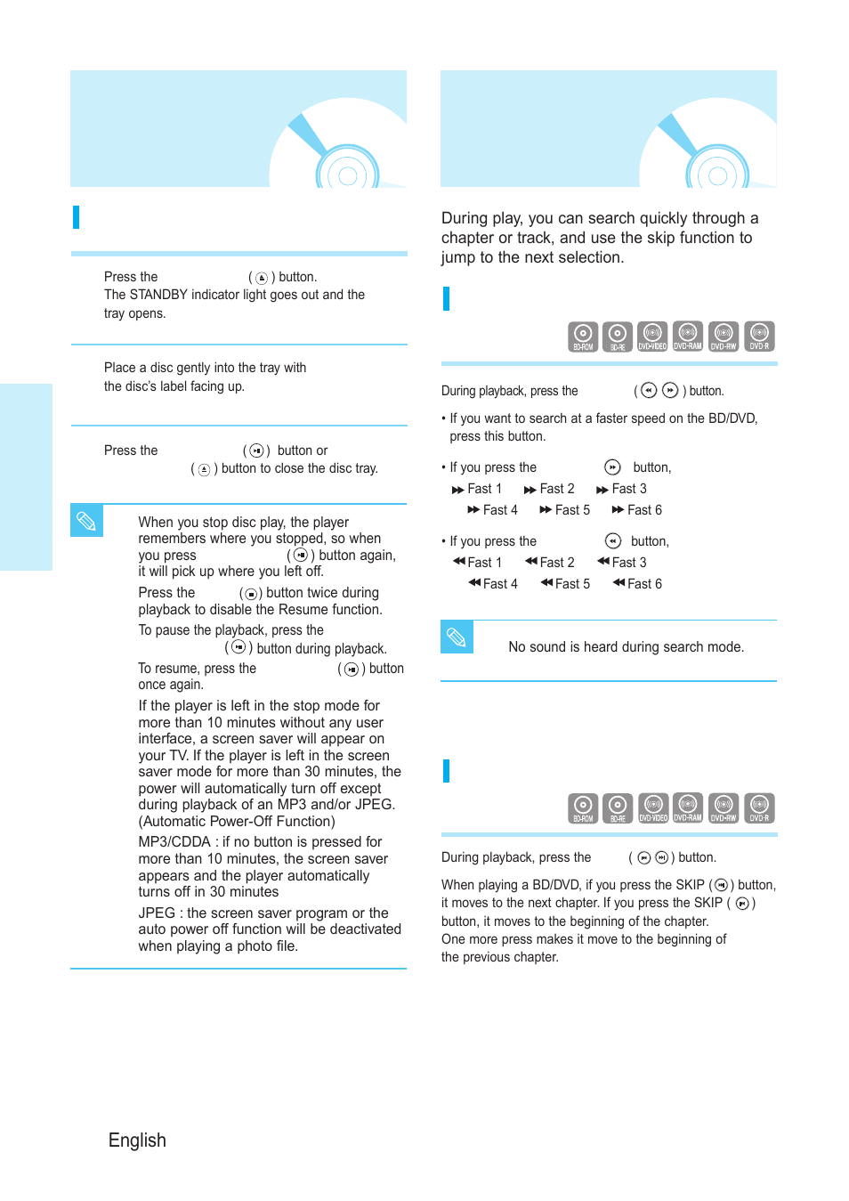 Playing a disc, Using the search andskip functions, Using the search and skip functions | Playback, 24 - english, Skipping tracks, Searching through a chapter or track | Samsung BD-P1200-XAA User Manual | Page 25 / 56