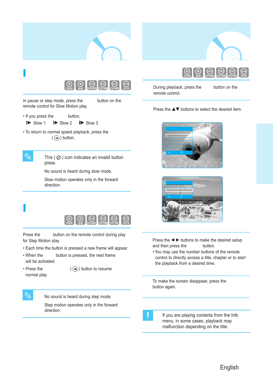 Slow motion play/step motion play, Using the displayfunction, Playback | English - 25, Step motion play, Slow motion play | Samsung BD-P1200-XAA User Manual | Page 26 / 56