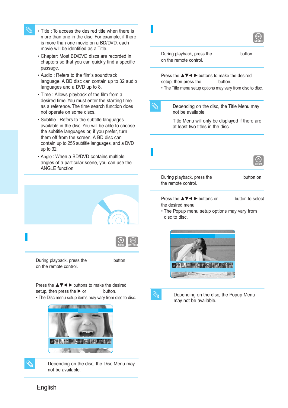Using the disc menu &popup/title menu, Using the disc menu & popup/title menu, Playback | 26 - english, Using the title menu, Using the popup menu, Using the disc menu | Samsung BD-P1200-XAA User Manual | Page 27 / 56