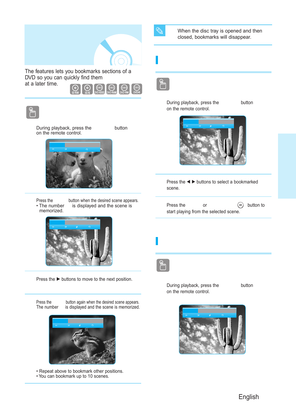 Using the bookmarkfunction, Using the bookmark function, Playback | English - 29, Playing back a bookmark, Clearing a bookmark | Samsung BD-P1200-XAA User Manual | Page 30 / 56