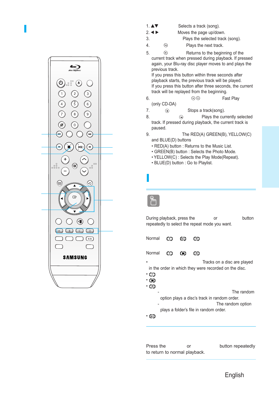 Playback, English - 31, Repeat cd (cd-da) & mp3 | Using the repeat button | Samsung BD-P1200-XAA User Manual | Page 32 / 56